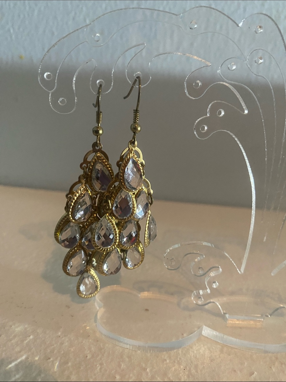 Gold Teardrop Chandelier Earrings with Clear Crystals - Women Jewelry